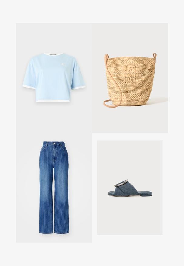 T-shirt bleu clair coupé avec bordure blanche au niveau du col et des manches, manches courtes, et petit logo blanc sur le côté gauche de la poitrine.; Jean en denim bleu à jambes larges avec des rayures blanches verticales, taille haute, et design à cinq poches, avec une fermeture à bouton et à glissière.; Sandale plate slide en denim bleu avec large bride croisée, grand anneau argenté et petit talon, présentée sur fond blanc.; Sac seau en paille tressée avec motif texturé et bandoulière en cuir, présenté debout sur un fond clair uni.