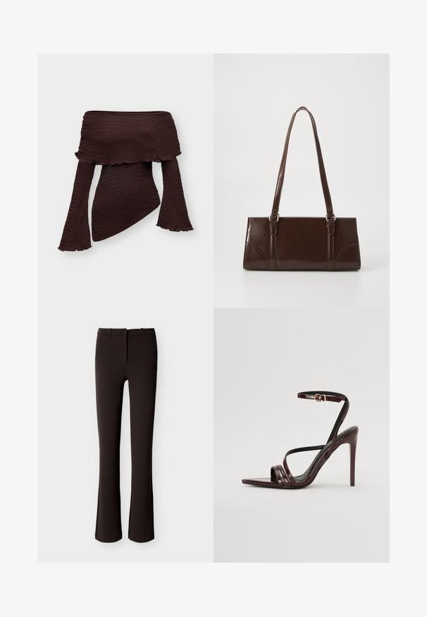 Mørkebrun off-shoulder tekstureret top med lange vide ærmer og asymmetrisk kant, designet til en tætsiddende silhuet.; Sorte, tætsiddende bukser med let flare, frontlynlås og bæltestropper, vist fladt på en hvid baggrund.; Bordeaux laker læder højhælede sandal med ankelrem, spids tå og tre vandrette remme over foden. Detalje med spænde i guldtonet.; Brun lakeret håndtaske med rektangulær form, to lange håndtag og subtile buede detaljer på fronten.