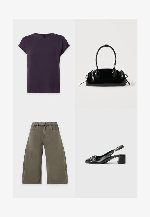 T-shirt violet foncé à manches courtes avec manches retroussées et encolure ronde, présenté sur un fond uni clair.; Pantalon court ample vert olive avec poches devant et ceinture en tissu assortie à la taille.; Sandale à talon en cuir noir avec un bout pointu, une sangle texturée ornée d'accents métalliques circulaires et un talon empilé.; Petit sac à main noir brillant avec deux longues anses et des détails à cordon sur les côtés sur un fond clair uni.