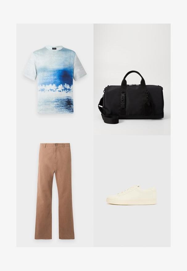 Kurzärmeliges T-Shirt mit blau-weißem Farbverlauf, der eine Strandszene mit Palmen und Wasserreflexionen zeigt.; Braune, gerade geschnittene Hosen aus Baumwolle. Mit einem Knopfverschluss, Fronttaschen und sichtbaren Nähten entlang der Nähte.; Cremefarbener Sneaker mit glattem Lederoberteil, abgerundeter Zehenpartie, Schnürung vorne und strukturierter Gummisohle. Minimalistisches Design, ohne Logos.; Schwarze Sporttasche aus Nylon mit doppelten Griffen, abnehmbarem Schultergurt, geprägtem Logo und einem Gepäckanhänger. Glatte Textur.