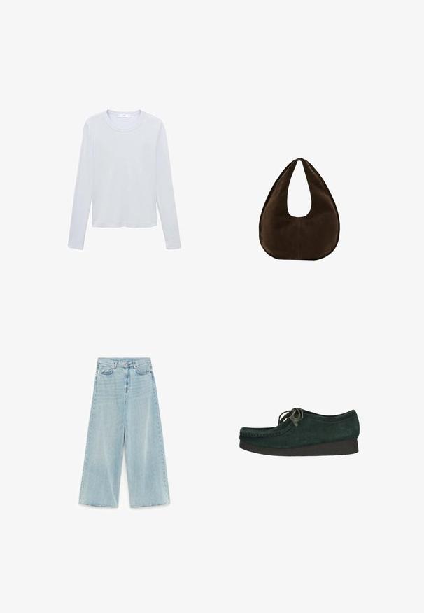 Weißes langärmeliges Baumwoll-T-Shirt mit Rundhalsausschnitt, geradem Saum und minimalen Nähten, flach auf weißem Hintergrund liegend.; Hellblaue, weit geschnittene Jeans mit hohem Bund, Knopf- und Reißverschluss vorne sowie fünf Taschen.; Grüner Wildlederschuh mit runder Zehenpartie und Schnürdesign. Verfügt über eine strukturierte schwarze Sohle und feine Nähte entlang der Kanten.; Dunkelbraune Wildleder-Handtasche in Halbmondform mit einem breiten Riemen und glatter Textur vor weißem Hintergrund.