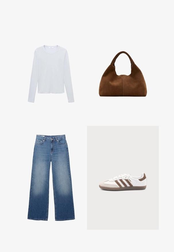 Wit katoenen T-shirt met lange mouwen, ronde hals, rechte zoom en minimale stiksels, plat liggend op een witte achtergrond.; Blauwe denim wijde broek met voorste knoop en ritssluiting, voorzien van voor- en achterzakken en lichte slijtage op de dijen.; Witte Adidas Samba sneaker met bruine suède strepen, bruine rubberen zool en beige suède neuskap, getoond vanaf de buitenkant op een effen achtergrond.; Bruine suède hobo-tas met een breed, afgerond handvat en een zachte, slungelige vorm tegen een witte achtergrond.