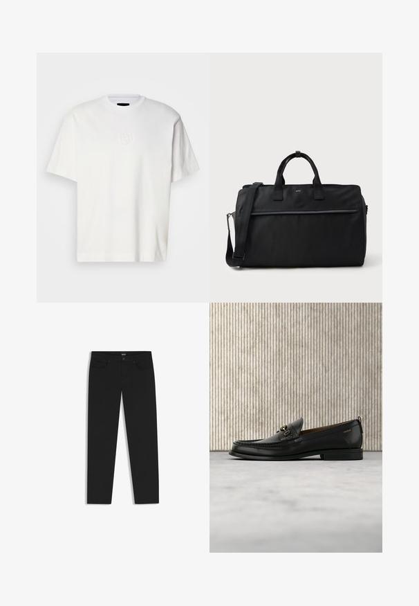 T-shirt en coton blanc avec un col rond, des manches courtes et un logo circulaire en relief sur la poitrine gauche. Texture douce et coupe classique.; Jeans en denim noir avec une coupe slim, dotés de poches avant, d'une fermeture à bouton et zip, et d'un label de marque à la ceinture de BOSS.; Mocassin en cuir noir avec mors en métal doré et logo "HUGO", présenté sur un tapis beige et un meuble translucide marron.; Sac de voyage rectangulaire noir avec doubles poignées, bandoulière réglable, poche zippée à l'avant et petit logo "BOSS" à l'avant.