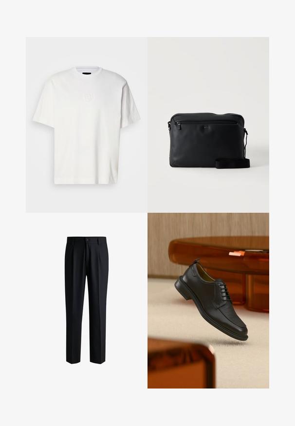 T-shirt en coton blanc avec un col rond, des manches courtes et un logo circulaire en relief sur la poitrine gauche. Texture douce et coupe classique.; Pantalons noirs en tissu lisse, avec une coupe droite, des plis à l'avant et une fermeture à bouton avec passants de ceinture.; Chaussure habillée noire en cuir à lacets avec devant texturé, flottant au-dessus d'un tapis beige dans une pièce moderne avec des meubles teintés d'ambre.; Sac bandoulière rectangulaire noir avec une poche avant zippée et une bandoulière réglable, avec le logo BOSS.