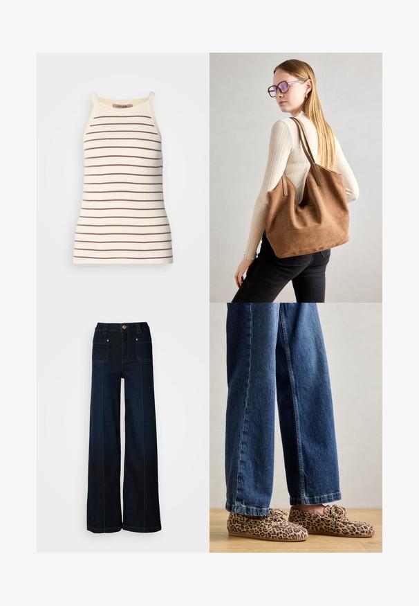 Ribbet tanktop i creme med vandrette brune striber. Har brede stropper og en tætsiddende silhuet. Etiketten er synlig ved halsudskæringen.; Bredde ben denimjeans i mørkeblå. Har forlommer, guldfarvet hardware og kontrasterende syninger. Glat tekstur med et afslappet design.; Læderloafers med leopardmønster, lavet af ruskind, med rund tå, snøre-design og flade, fleksible såler, parret med blå denim jeans.; Brun ruskind tote taske med blød tekstur, stor åbning og lange stropper. Har et enkelt design med synlige syninger og ingen hardware.