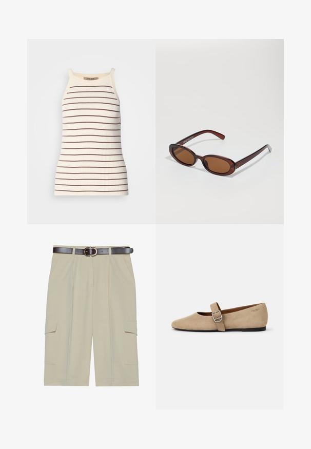 Ribbet tanktop i creme med vandrette brune striber. Har brede stropper og en tætsiddende silhuet. Etiketten er synlig ved halsudskæringen.; Beige cargo shorts med en afslappet pasform, der har to sidelommer og et brunt bælte med en rund spænde, glat stofstruktur.; Beige ruskind Mary Jane flade sko med spids tå og et enkelt justerbart strop med en sølv spænde. Sort flad sål.; Runde, bruntonede solbriller med en glansfuld bordeauxramme. Slanke arme med diskret brandingdetalje. Flad linsedesign.