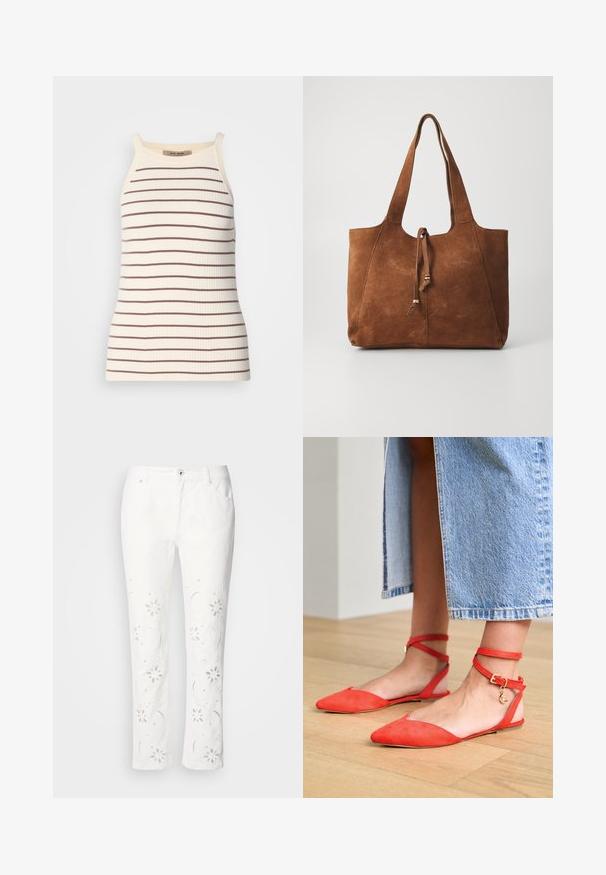 Débardeur côtelé en crème avec des rayures horizontales marron. Doté de bretelles larges et d'une silhouette ajustée. Étiquette visible au niveau de l'encolure.; Pantalon en coton blanc avec broderies florales le long des jambes, coupe droite et fermeture par bouton à la taille.; Ballerines en daim rouge à bout pointu et bandes de cheville, ornées d'une boucle en or et d'un charm en forme de croissant de lune, sur un sol en bois.; Sac fourre-tout en daim marron avec deux longues poignées, fermeture à cordon et texture lisse. Présente un design simple et des accents minimaux.