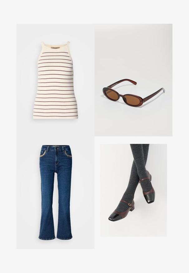 Ribbet tanktop i creme med vandrette brune striber. Har brede stropper og en tætsiddende silhuet. Etiketten er synlig ved halsudskæringen.; Mørkeblå brede jeans med en glat denimoverflade, kontrasterende gyldne syninger og forlommer. Klassisk fem-lomme design.; Burgunderrøde læder Mary Jane-sko med en sort laktoej og tynd ankelrem; båret med mørkegrå ribbede strømper. Lav blokhæl.; Runde, bruntonede solbriller med en glansfuld bordeauxramme. Slanke arme med diskret brandingdetalje. Flad linsedesign.