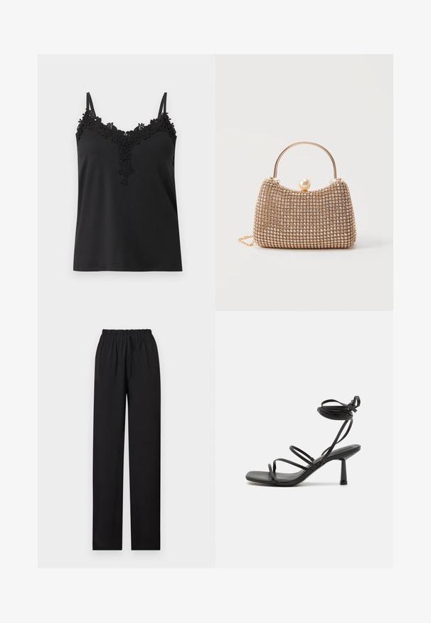 Haut noir sans manches avec fines bretelles et bordure en dentelle florale le long de l'encolure et au centre devant.; Pantalon noir à jambes droites avec ceinture élastique et cordon de serrage, présenté à plat sur un fond blanc.; Sandale noire à lanières avec un bout carré, des liens de cheville réglables et un talon carré fin. Fabriquée en un matériau lisse et durable.; Pochette de soirée dorée avec petits strass scintillants, poignée en métal, fermoir en forme de perle, et bandoulière chaîne amovible sur fond blanc.