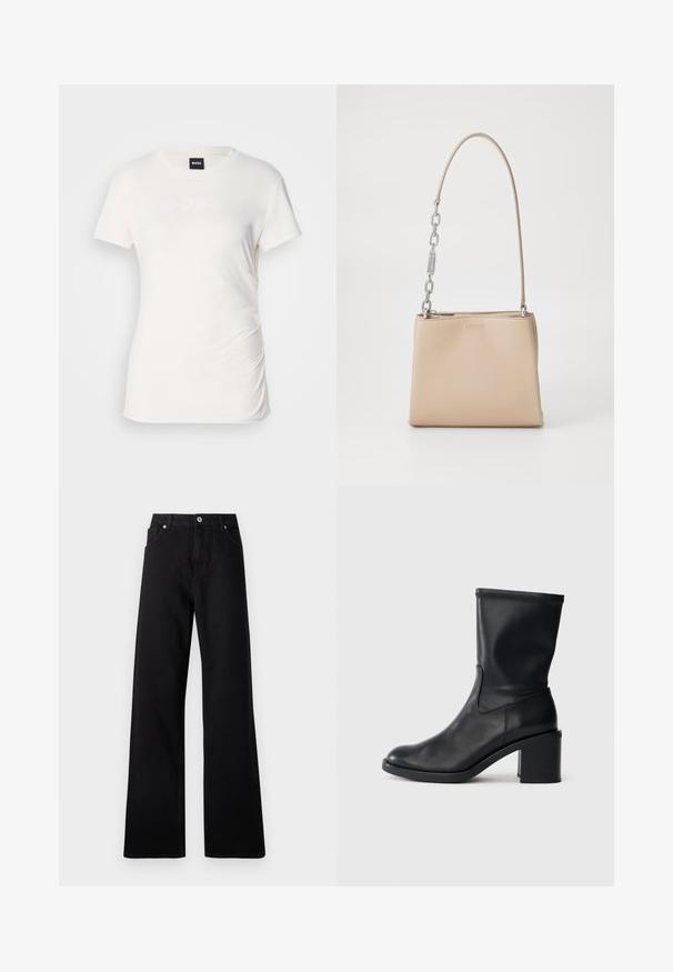 Witte korte mouwen t-shirt van zacht katoen; heeft een gestructureerd "BOSS" logo op de voorkant en een geraffineerd zijdetail.; Zwarte wide-leg jeans van denim met een vijf-pockets ontwerp, voorste knoopsluiting en subtiele stikdetails.; Zwarte leren enkellaars met een ronde neus, een gladde textuur en een chunky hak, met een strak schacht en subtiele stiksels.; Beige leren handtas met een gladde textuur, voorzien van een zilveren kettingaccent op het handvat en een ritssluiting. "HUGO" is op de voorkant hotstempeld.