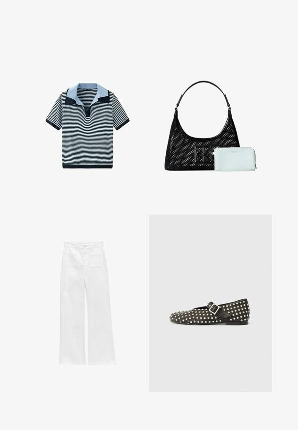 Kortærmet sort og hvid t-shirt med horisontale striber, lys blå og sort bred krave, ribbede ærmekanter og kant forneden.; Hvide vide bukser lavet af denim, med knaplukning, fem lommer og en ren finish uden synlige dekorationer.; Sort flad sko med rundet tå, pyntet med sølvnitter. Har en spænde-rem over vristen. Glat tekstur, lav hæl.; Sort mesh-håndtaske med et diagonalt mønster og et sort logo-patch, parret med en glat lyseblå lynlåslommebog fra Calvin Klein.