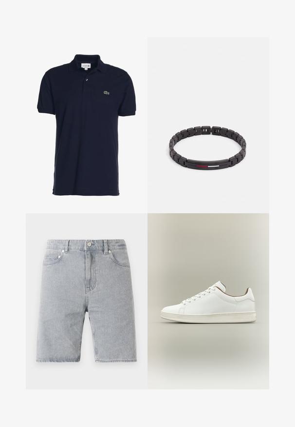 Navyblaues Polohemd aus Baumwolle mit klassischem Schnitt, ausgestattet mit einer Zwei-Knopf-Leiste und einem kleinen grünen Krokodil-Logo auf der Brust.; Helle graue Denim-Shorts mit geradem Schnitt, fünf Taschen, Knopfverschluss und kontrastierenden Nähdetails.; Weißer Sneaker mit niedrigem Schaft, Schnürverschluss, glattem Lederoberteil und hellbeiger Sohle vor neutralem Hintergrund.; Schwarzes Armband mit miteinander verbundenen Gliedern, glatter Oberfläche und einem zentralen Akzent mit dünnen horizontalen Streifen in Rot, Weiß und Blau.