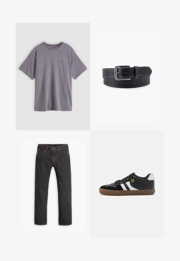 Graues Baumwoll-T-Shirt mit Rundhalsausschnitt, kurzen Ärmeln und kleinem aufgedrucktem Logo auf der linken Brust. Weiche Textur und entspannte Passform.; Schwarze gerade geschnittene Jeans aus Denim mit fünf Taschen, Knopfverschluss und Kupfernieten auf einem weißen Hintergrund flach ausgelegt.; Schwarz-weiße Sneakers mit einem Obermaterial aus Wildleder und Leder, ausgestattet mit weißen Streifen, schwarzen Schnürsenkeln und einer braunen Gummisohle. Mit goldenen Logo-Akzenten.; Schwarzer Ledergürtel mit einer silberfarbenen Metallschnalle, kontrastierender weißer Naht und glatter Oberfläche. Verfügt über mehrere Einstelllöcher.