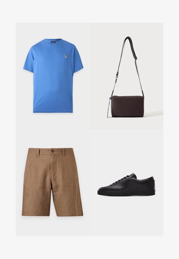 T-shirt bleu à manches courtes et col rond avec un petit logo zèbre multicolore sur le côté gauche de la poitrine.; Short marron décontracté longueur genou avec passants de ceinture, fermeture par bouton et poches avant, en tissu texturé.; Baskets basses en cuir noir avec lacets sur le devant et semelle en caoutchouc plate, vues de côté sur un fond blanc uni.; Sac bandoulière en cuir marron foncé texturé avec une sangle réglable et un petit accent décoratif bleu sur le côté.