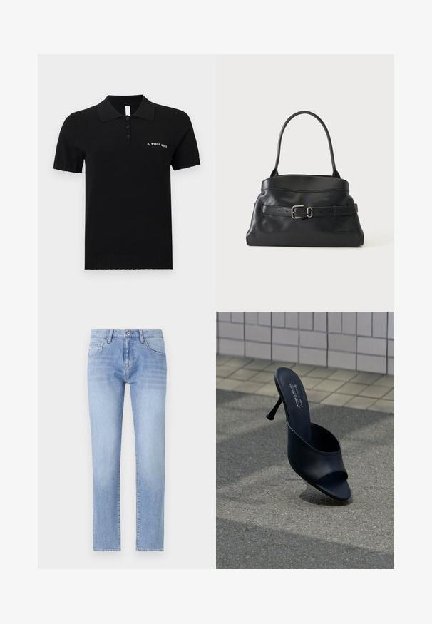 Zwart poloshirt gemaakt van gebreide stof, met een klassieke kraag, korte mouwen, een knoopsluiting met drie knopen en geborduurde tekst op de borst.; Lichtblauwe denim jeans met een recht model, vijf-pocketontwerp en lichte wassing. Beschikt over een knoopsluiting en standaard ceintuurlussen.; Zwarte mule met open teen en een slanke hoge hak, geplaatst op asfalt nabij een beige muur met vierkante tegels, met tekst op de binnenzool die het merk en het veganistische materiaal vermeldt.; Zwarte leren handtas met een enkele schouderband en een decoratieve riem met een zilveren gesp aan de voorkant.
