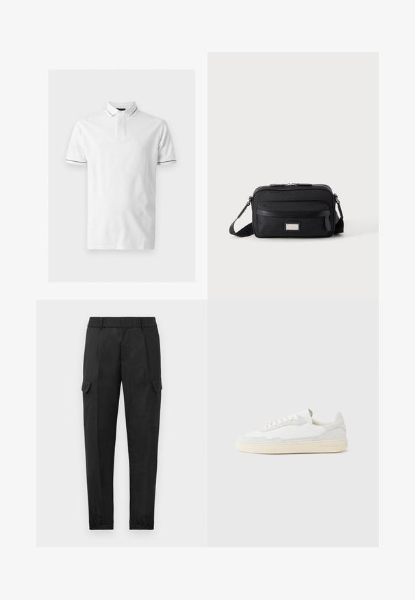 Polo blanco de manga corta con ribete negro en el cuello y bordes de las mangas, con tapeta con botones y diseño frontal liso.; Pantalones cargo negros con una cintura elástica, pierna ajustada, bolsillos laterales y un solo bolsillo cargo en el muslo izquierdo. Textura suave.; Zapatilla blanca con parte superior texturizada de ante y cuero. Presenta una puntera redondeada, cierre con cordones y suela de goma beige contrastante.; Bolso bandolera rectangular negro con bolsillo frontal con cremallera, correa ajustable y placa de logo rectangular plateada sobre fondo liso.