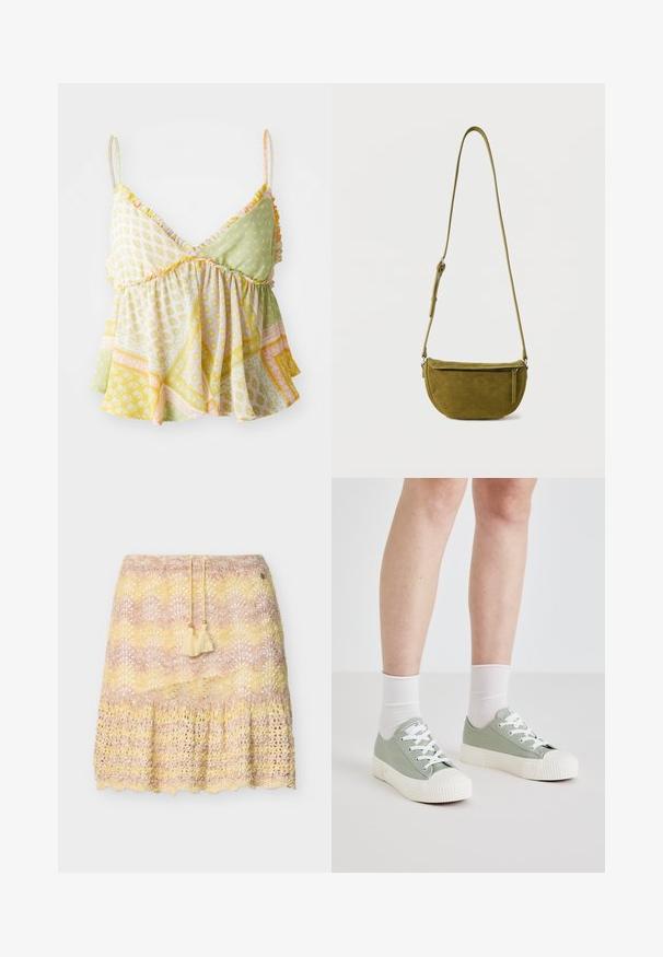 Top en cami avec imprimé floral et bretelles volantées, présentant un mélange de motifs verts pâles, jaunes et pêches. Tissu doux et léger.; Jupe crochet longueur genou avec ourlet festonné dans des tons pastel rose, jaune et beige, dotée d'une taille à cordon avec pompons.; Baskets en toile vert clair avec semelles et lacets en caoutchouc blanc. Présentent un bout arrondi et une semelle texturée blanche. Accompagnées de chaussettes blanches.; Sac bandoulière en daim vert olive avec sangle réglable et poche avant zippée sur fond blanc uni.