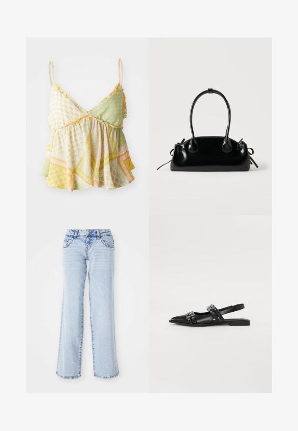 Blomstret top med spaghettistropper, prydet med en blanding af lysegrønne, gule og ferskenmønstre. Blødt, let stof.; Lyseblå denimjeans med en afslappet pasform, lige ben og subtilt slid. Har fem lommer og bæltestropper. Distressed kantdetalje.; Even&Odd by Zalando Slingback-ballerinasko - black; Lille sort blank håndtaske med to lange håndtag og snøre-detaljer i siden på en ensfarvet lys baggrund.