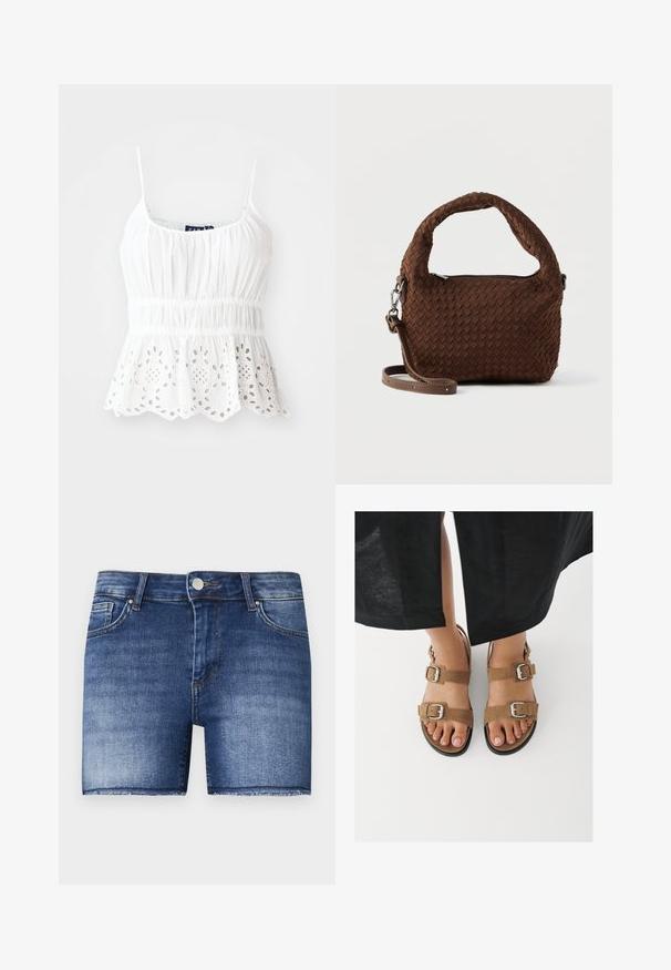 Camiseta de algodón blanca con tirantes ajustables, cuerpo fruncido y un dobladillo con forma de concha que presenta bordados en forma de flores.; Shorts de mezclilla en un lavado azul medio con un corte recto. Presentan áreas descoloridas, un bolsillo frontal y un dobladillo sin acabar en la parte inferior.; Pies con sandalias de ante marrón con hebillas plateadas, de pie sobre una superficie blanca, con pantalones negros visibles por encima de los tobillos.; Bolso tejido marrón con un asa redondeada, herrajes plateados y una correa ajustable. Cuenta con cierre de cremallera y superficie texturizada.