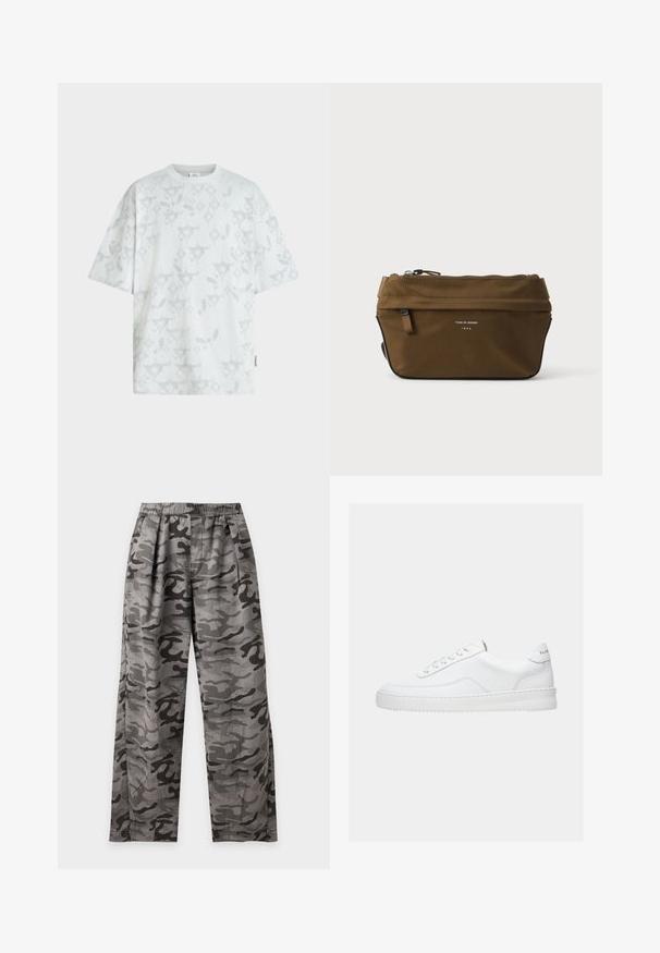 Hvid oversized t-shirt med korte ærmer, lysegrå abstrakte blomstermønstre og et lille stofmærke i siden.; Bukser med gråt og sort camouflage mønster med elastisk talje og lige ben vist mod en ensfarvet hvid baggrund.; Hvid lavt sneaker med snørelukning, glat læderoverdel og tyk sål, vist fra siden på en ensfarvet baggrund.; Brun rektangulær lynlåspose med lille frontlomme og teksten "Tiger of Sweden 1903" på fronten.