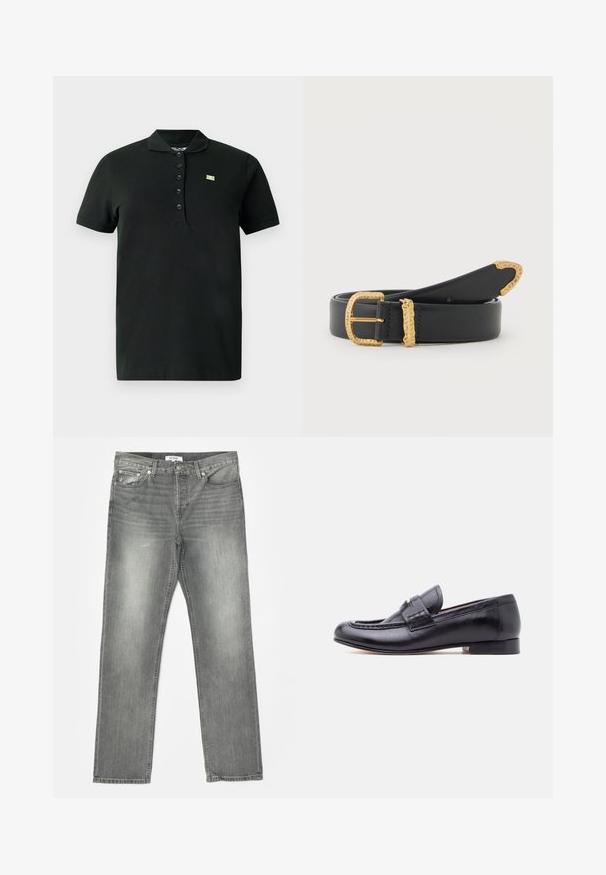 Polo noir en tissu doux ; présente un col, des manches courtes, une patte de boutonnage à six boutons et un petit logo vert sur la poitrine.; RE/DONE EASY - Jean droit - grigio; Mocassin pour homme en cuir noir avec un petit talon et une bride décorative sur le cou-de-pied, présenté de profil sur un fond uni.; Ceinture en cuir noir enroulée avec boucle, passant et extrémité texturés en ton or, sur fond blanc.