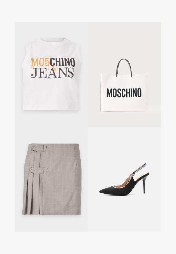 Hvid ærmeløs bomulds crop top med teksten "MO5CH1NO JEANS" i sort og orange tryk, med en let struktureret overflade.; Grå nederdel med struktureret stof, sidelæg og to spænde detaljer for justerbar pasform. Klassisk lige form, knælængde design.; Love Moschino LOGO TAPE - Højhælede pumps - black; Hvid rektangulær tote taske med sorte håndtag og stor sort tekst "MOSCHINO" på forsiden mod ensfarvet baggrund.