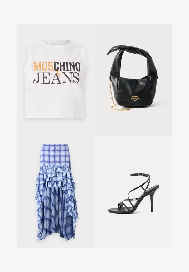 Hvid ærmeløs bomulds crop top med teksten "MO5CH1NO JEANS" i sort og orange tryk, med en let struktureret overflade.; Blåternet nederdel med lagdelte rynker, der har forskellige nuancer af blå samt blå og hvide ternmønstre. Letvægtsstof, ankellængde design.; Sort højhælet sandal med tynde stropper, en ankelspænde, en glat læderoverflade og en slank stilethæl.; Sort blød læder Love Moschino håndtaske med knyttet håndtag og guldkæde-strop på hvid baggrund.