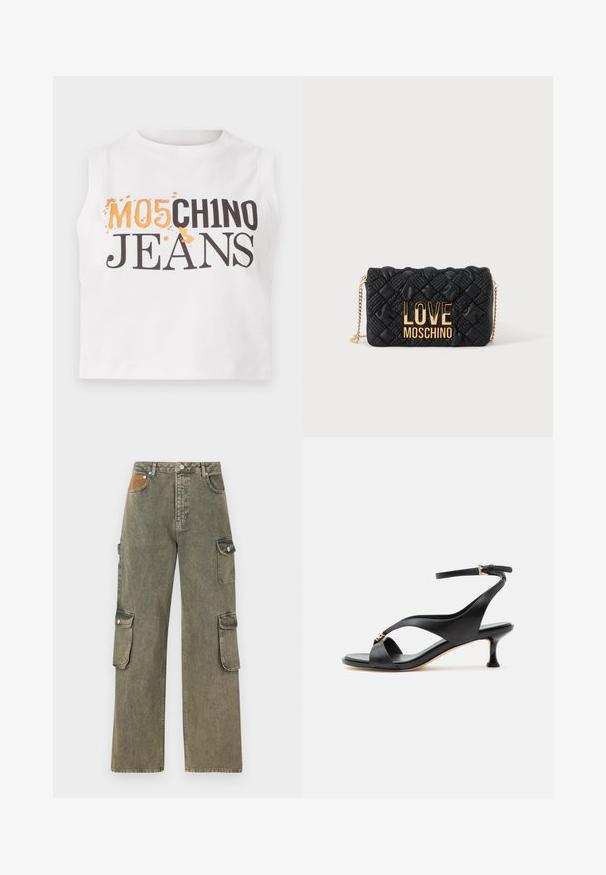 Valkoinen ilmanhihoinen puuvillainen crop-top, jossa on mustalla ja oranssilla printattu teksti "MO5CH1NO JEANS" ja hieman teksturoitu pinta.; Harsohiam pants harma-viher denimista, joissa on korkea vyötärö, leveät lahkeet, kaksi sivukokki-taskua ja struktuuroitu vaalea ruskea kangaspala edessä.; Mustat nahkaiset naisten sandaalit kaarevalla matalalla korolla, ristiin menevillä remmeillä ja säädettävällä nilkkaremillä, jossa pieni kultainen solki.; Musta tikattu olkalaukku kultaista kettuhihnaa ja suuri kullanvärinen "LOVE MOSCHINO"-logo edessä.