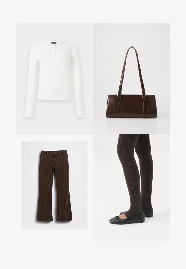 Haut henley à manches longues blanc en côtes, avec un col rond, une patte de boutonnage à l'avant et des poignets ajustés. Fabriqué en tissu doux et extensible.; Pantalon évasé en velours côtelé marron à la texture lisse, avec poches avant et une fermeture à un bouton à la taille.; Jambes portant des leggings côtelés foncés associés à des ballerines noires avec de petits détails en nœud sur fond blanc.; Sac à main en cuir verni marron de forme rectangulaire, avec deux longues poignées et des accents courbés subtils à l'avant.