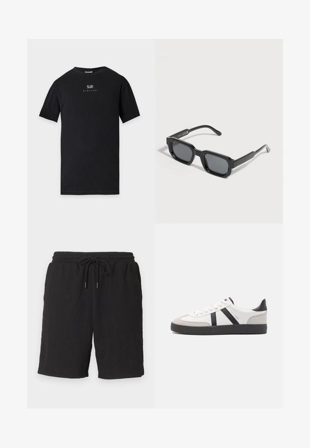 T-shirt noir à manches courtes avec un texte blanc en caractères japonais et « HIROSAKI » imprimé sous la poitrine.; Shorts en maille côtelée noire avec ceinture élastique et cordon, coupe droite et poches latérales.; Baskets blanches avec des accents noirs et gris, présentant un embout texturé gris, une semelle en caoutchouc noir et des lacets plats blancs. Design épuré, style minimaliste.; Lunettes de soleil rectangulaires noires avec des montures épaisses et des verres teintés foncés, inclinées sur un fond blanc.