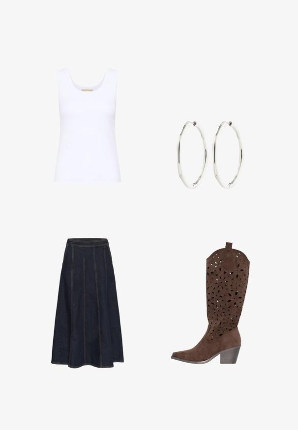Weißes ärmelloses Tanktop mit rundem Ausschnitt, schlichtem Design und figurbetonter Silhouette.; Dunkelblaue A-Linien-Rock mit breitem Bund, sichtbaren Nähten und einem ausgestellten Saum. Es sind keine Taschen oder Verzierungen vorhanden.; Brauner Wildlederstiefel bis zur Mitte der Wade mit ausgeschnittenen Blumenmustern, spitzer Zehenpartie und einem gestapelten Blockabsatz.; Paar silberfarbene ovale Creolen mit leicht unregelmäßiger, wellenförmiger Form und Scharnierverschluss vor weißem Hintergrund.