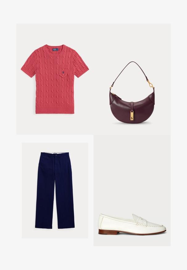 Jersey rosa de punto con mangas cortas, patrón de trenzas, pequeño bolsillo delantero y logo azul de Polo Ralph Lauren en el bolsillo.; Pantalones azul marino de corte recto con trabillas para cinturón, cierre frontal con botones y bolsillos laterales sobre fondo blanco.; Mocasin de cuero blanco con un acabado texturizado, punta redondeada y acento trenzado. Tacón bajo de madera y diseño minimalista.; Pequeño bolso de hombro de cuero púrpura oscuro con cremallera dorada y etiqueta rectangular dorada con logotipo en la correa delantera.