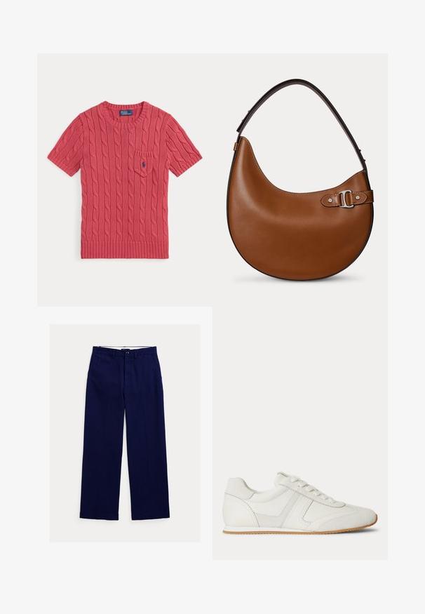 Roze gebreide trui met korte mouwen, kabelpatroon, klein voorzakje en blauw Polo Ralph Lauren-logo op het zakje.; Marineblauwe rechte broek met riemlussen, knoopsluiting aan de voorkant en zijzakken op een witte achtergrond.; Witte lage sneaker met veters aan de voorkant, suède en leren panelen, en een lichtbruine rubberen zool op een witte achtergrond.; Bruine leren handtas in halve maanvorm met een dikke band en een zilverkleurige gesp aan één kant tegen een effen lichte achtergrond.