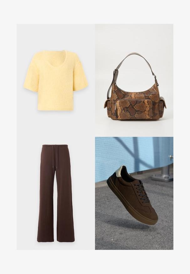 Pull en maille douce à manches courtes de couleur jaune pâle avec un col en V et une coupe décontractée.; Pantalon marron à jambes larges avec taille à cordon, en tissu tricoté doux, présenté sur un fond clair uni.; Baskets basses en daim marron avec des lacets noirs, présentant un capuchon de talon blanc et des détails de couture texturée. Semelle en caoutchouc.; Sac à main en imitation serpent marron avec une surface texturée, un design arrondi, une bandoulière unique et une poche zippée à l'avant.