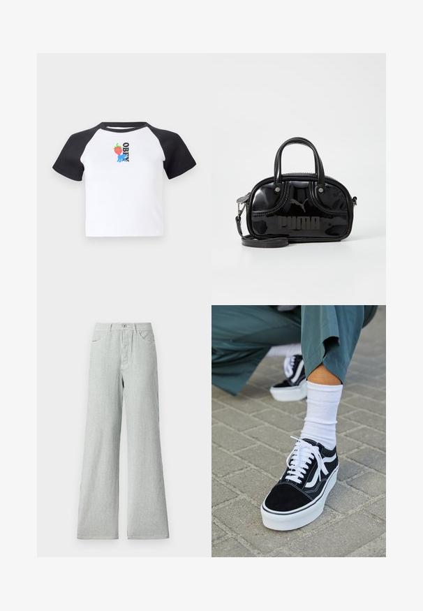 T-shirt à manches courtes avec un corps blanc et des manches raglan noires. Présente un graphique de main bleue tenant une fraise et du texte "OBEY" en noir.; Pantalons larges à rayures fabriqués en tissu léger, avec des rayures verticales bleues et blanches, une taille haute et des poches avant.; Baskets en suède noir avec des accents et des lacets blancs, présentant une épaisse semelle blanche et des coutures contrastantes, associées à une chaussette blanche.; Sac à main en cuir verni noir avec des poignées supérieures doubles, une bandoulière amovible, une forme arrondie et un logo "PUMA" en relief bien visible.