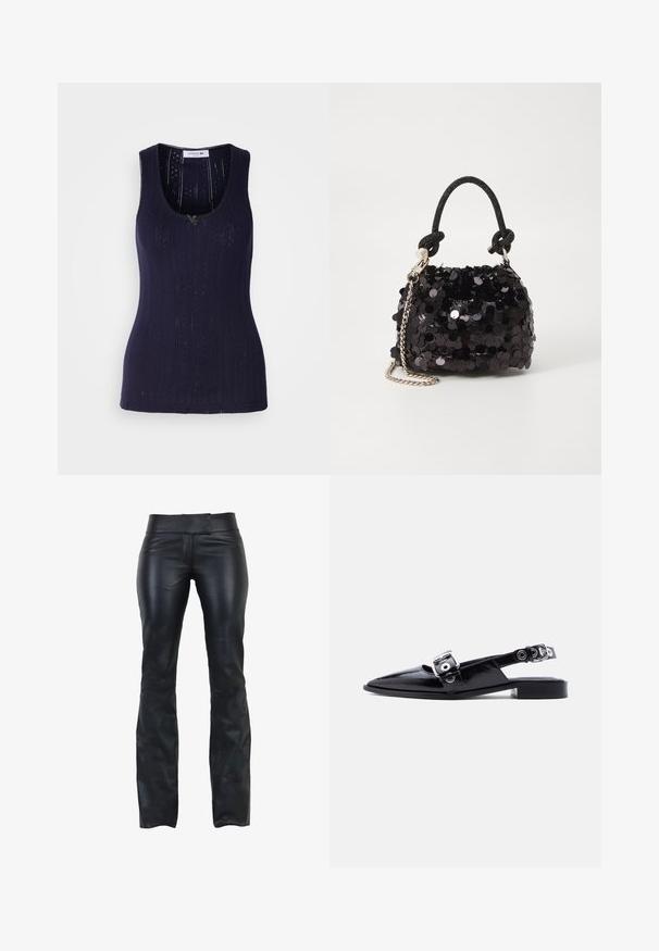 Mørkeblå tanktop med ribbet tekstur, der har perforerede detaljer og en rund skæring ved halsen. Afsluttet med en lille grøn accentdetalje.; Sorte læderbukser med slim fit, flad talje og udskæring i bunden. Glat tekstur og minimalistisk design uden synligt hardware.; Sort laklæder flat sko med spids tå, dobbelte sølvspænder og slingback-hæl på hvid baggrund.; Sort pailette mini håndtaske med en knyttet struktureret rem og sølv kæde. Rund form med samlet top og reflekterende detaljer.