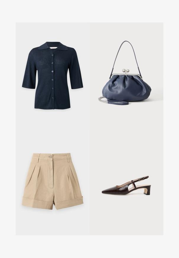 Cardigan côtelé bleu marine à manches courtes avec boutonnière devant et col pointu, présenté sur un fond clair uni.; Shorts beiges taille haute, ajustés, avec plis à l'avant, fermeture par bouton et zip, passants pour ceinture et ourlets retroussés.; Chaussure slingback en cuir marron foncé à texture crocodile, bout pointu, talon bas bloc et bride ajustable avec boucle dorée.; Sac à main en cuir bleu marine doux avec fermeture à boucle argentée, une seule bandoulière, et une chaîne de poignet amovible sur fond blanc.