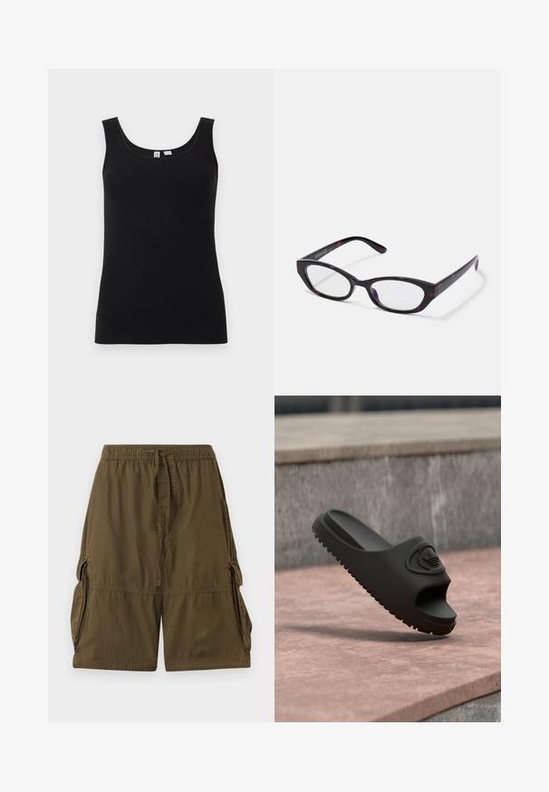 Débardeur noir côtelé sans manches avec encolure dégagée, présenté à plat sur un fond clair.; Shorts cargo vert olive en tissu léger. Dotés d'une taille élastique, d'un cordon de serrage et de deux poches cargo latérales.; Mule noire en matériau doux et mat. Présente un design à large ouverture pour les orteils avec une semelle texturée pour l'adhérence et un détail logo à l'avant.; Lunettes de style œil de chat avec une monture en plastique écaille de tortue foncée et brillante, avec des branches courbées et des verres transparents. Marquage minimal sur le côté.