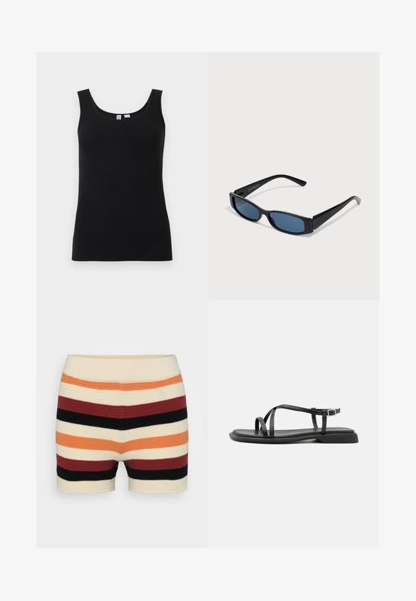 Débardeur noir côtelé sans manches avec encolure dégagée, présenté à plat sur un fond clair.; Shorts en tricot avec des rayures horizontales en crème, orange, rouge, noir et bordeaux, avec une texture douce et une taille ajustée.; Sandales plates noires avec de fines brides réglables, un entre-doigt rectangulaire et une finition mate texturée. Elles présentent un talon bas légèrement carré.; Lunettes de soleil noires avec une monture rectangulaire élégante et des verres bleus. Présente une texture lisse et des branches robustes. Logo de la marque sur le côté.