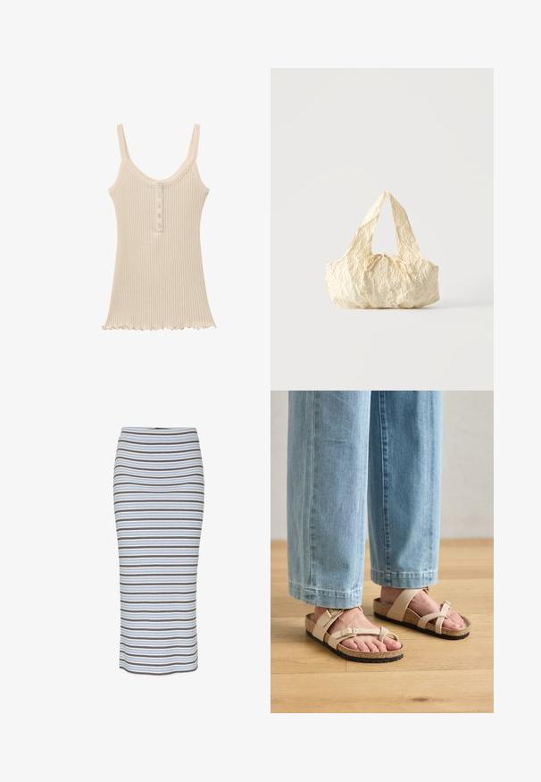 Beige ribbet ærmeløs tanktop med rund halsudskæring, fem knapper foran og flæsekant.; Stribet blyantskirt i lysblå, med lodrette striber i sort og brun. Fremstillet af ribbet stof med en tætsiddende silhuet.; Beige korksandaler med justerbare stropper, flad sål og tekstureret fodseng, båret med lyseblå denimbukser. Trægulv som baggrund.; Håndtaske i cremefarvet tekstureret stof med top-håndtag og en lille bundet sløjfe-detalje midt foran.