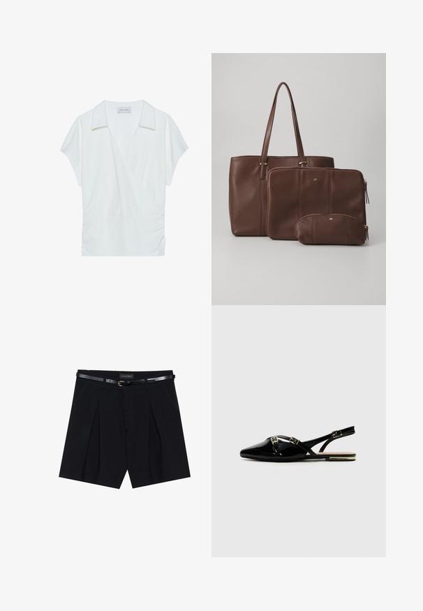 Blusa envolvente de cuello blanco, confeccionada en una tela suave, con mangas cortas y detalles fruncidos en la cintura para un ajuste holgado.; Shorts negros a medida con pliegues, que cuentan con un cinturón negro delgado con hebilla dorada. Elaborados en un tejido suave, ofrecen un aspecto pulido.; Zapatos slingback de charol negro con punta afilada, que cuentan con dos hebillas doradas y un tacón pequeño. Textura suave y diseño minimalista.; Bolso tote de cuero marrón con dos bolsitas a juego; el tote tiene asas largas, mientras que las bolsitas tienen cierre y tamaños variados. Incluye detalles en dorado.