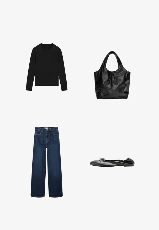 Zwart shirt met lange mouwen en een ronde hals, met aansluitende manchetten en een eenvoudig, onversierd ontwerp op een witte achtergrond.; Brede donkerblauwe denim jeans met hoge taille, voorzien van vijf zakken en een klassieke knoopsluiting. Glad textuur en rechte snit.; Zwarte leren ballerinaschoen met een klein strikje aan de voorkant en een licht geplooide achternaad, zijaanzicht op een witte achtergrond.; Zwarte leren tote bag met een gladde textuur, een zachte ronde bovenkant en brede handvatten. Kenmerkt zich door minimale stiksels en een slungelige silhouet.