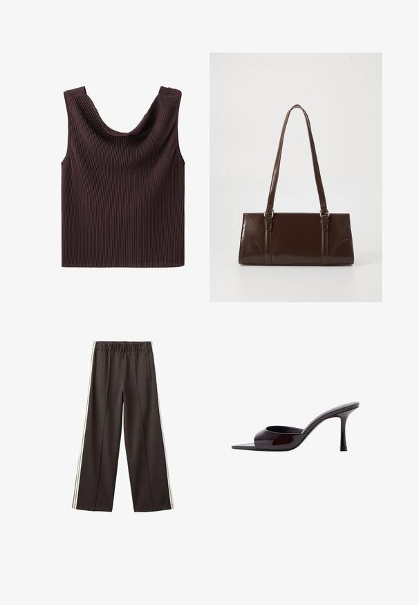Haut en maille côtelée marron foncé sans manches avec larges bretelles et encolure dégagée drapée.; Pantalon noir à jambes larges avec taille élastique, poches latérales et bandes blanches sur les côtés. Tissu lisse avec une coupe ajustée.; Mule en cuir verni noir à bout ouvert avec un talon stiletto fin de hauteur moyenne et une bride supérieure basse.; Sac à main en cuir verni marron de forme rectangulaire, avec deux longues poignées et des accents courbés subtils à l'avant.