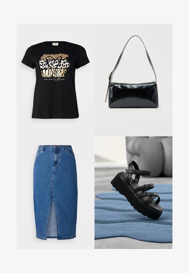 Sort bomulds t-shirt med rund hals, prydet med lagdelte dyreprint i guld, orange og hvid med teksten "hold altid et vildt hjerte."; Denim nederdel i mellemblå med en frontslids, høj talje, fem lommer og bæltesløjfer. Stoffet har en tekstureret finish.; Sort platform-sandal med tre justerbare remme med spænder, placeret på en tekstureret blå tæppe med sløret baggrund.; Sort rektangulær skuldertaske med en enkelt justerbar rem og lynlås i toppen på en ensfarvet baggrund.