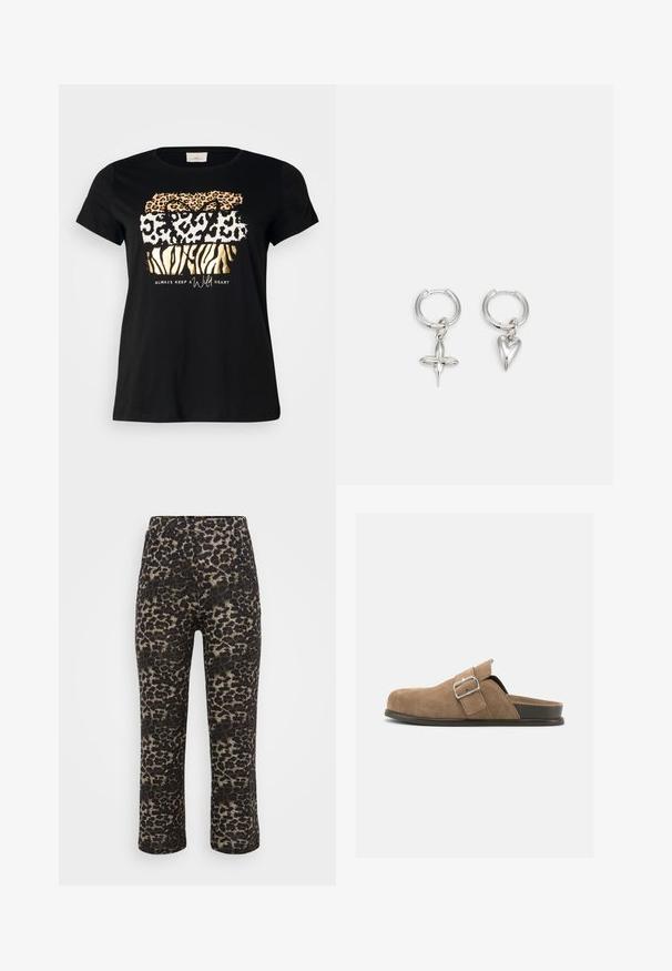 Sort bomulds t-shirt med rund hals, prydet med lagdelte dyreprint i guld, orange og hvid med teksten "hold altid et vildt hjerte."; Løveprint bukser i sort og beige, med lige snit, elastisk talje og glat tekstur.; Brun ruskinds slip-on sko med sort sål og justerbar spænde-rem, set fra siden på en ens hvid baggrund.; Sølv hoop øreringe med et kors og hjerte charm. Glat, skinnende tekstur med en poleret finish. Hver charm hænger fra en sikker løkke.
