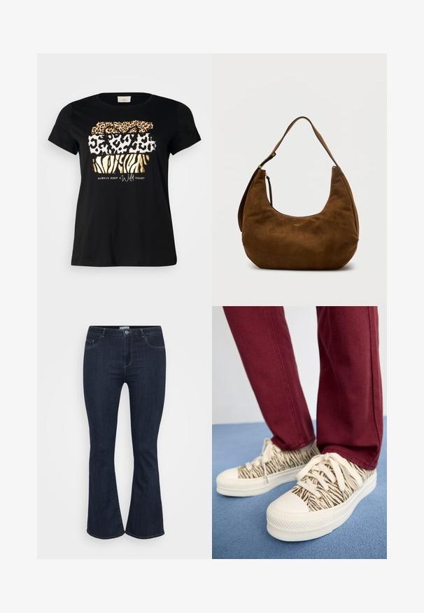 Camiseta de algodón negra con cuello redondo, que presenta diseños de estampado de animales en capas en dorado, naranja y blanco con el texto "siempre mantén un corazón salvaje."; Jeans de mezclilla de tiro alto en azul oscuro, con un ajuste ceñido en los muslos y un ligero acampanado en la parte inferior, que cuentan con bolsillos frontales y cierre de botón.; Zapatillas de lona con patrón de cebra en beige y negro, puntera de goma blanca y cordones, combinadas con pantalones burdeos sobre una superficie azul.; Bolso hobo de ante marrón con una amplia correa de hombro ajustable y un pequeño tirador de cremallera en tono dorado, sobre un fondo claro y liso.