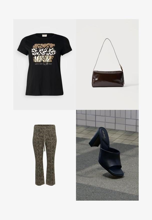 Schwarzes Baumwoll-T-Shirt mit Rundhalsausschnitt, das übereinanderliegende Tierdruckmuster in Gold, Orange und Weiß zeigt, versehen mit dem Text "Immer ein wildes Herz bewahren."; Elastische Hose mit Kordelzug im khaki und beigefarbenen Zebra-Muster. Mittlere Leibhöhe, ausgestellte Beinform, weicher Stoff. Geeignet für Freizeitkleidung.; Schwarze, hochhackige Pantoletten mit einem breiten Riemen, quadratischer Zehenpartie und ALDO-Logo auf der gepolsterten Innensohle, auf einem strukturierten Pflasterhintergrund.; Dunkelbraune rechteckige Lederschultertasche mit einem einzelnen dünnen Riemen und goldfarbener Schnalle vor einfarbigem Hintergrund.