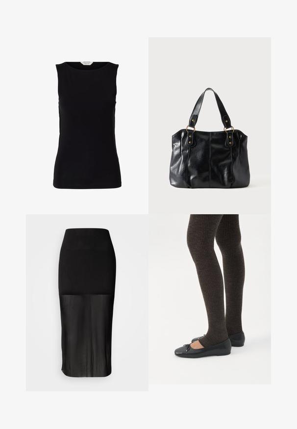 Sort ærmeløs tætsiddende top med rund halsudskæring og hvidt mærke med brand inde i kraven.; Sort midi-nederdel med en tætsiddende talje, der har et gennemsigtigt underpanel. Glat tekstur med en elegant silhuet og uden synlige mønstre.; Ben iført mørke ribbede leggings kombineret med sorte balletsko med små sløjfedetaljer på hvid baggrund.; Sort læder skuldertaske med dobbelte stropper fastgjort med gyldne ringe og nitter, glat og let skinnende overflade, enkelt design.