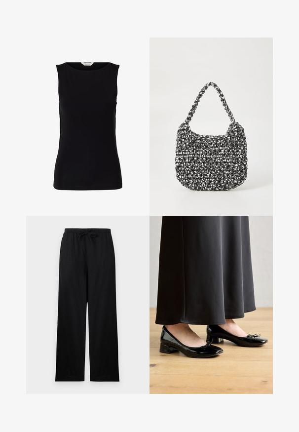 Top negro sin mangas ajustado con escote redondo y etiqueta de marca blanca dentro del cuello.; Pantalones negros de pierna ancha con cintura elástica y cordón, delantero liso y corte recto colgando sobre fondo blanco.; Bailarinas de charol negro con un acento de moño, tacón bajo y punta redondeada, llevadas con una falda larga negra sobre un suelo de madera.; Bolso de mano tejido en blanco y negro con forma redondeada, superficie texturizada y asa trenzada. Adecuado para uso casual.