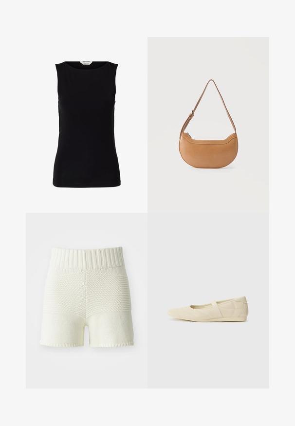 Top negro sin mangas ajustado con escote redondo y etiqueta de marca blanca dentro del cuello.; Bermudas de punto en tono blanco roto con una cinturilla acanalada, que presentan un contraste de texturas entre las secciones superior e inferior, con bordes rematados.; Bailarinas beige con un exterior de cuero liso, punta en forma de almendra y una correa elástica en el empeine, con detalles de costura sutiles.; Bolso de hombro de cuero marrón claro en forma de media luna, con correa ajustable y cierre superior con cremallera sobre un fondo liso.